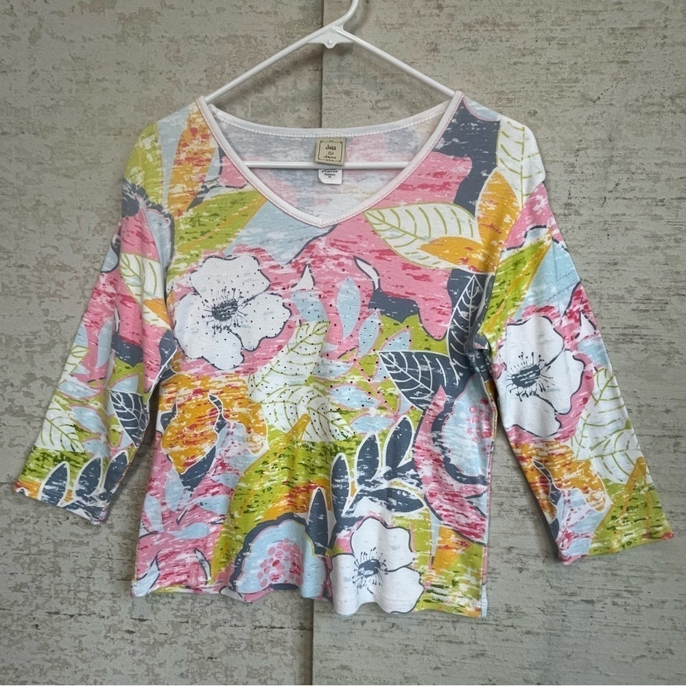 Jess & Jane USA 3/4 Sleeve Pinkberry Shirt Sz SP Big Bright Floral Happy Print